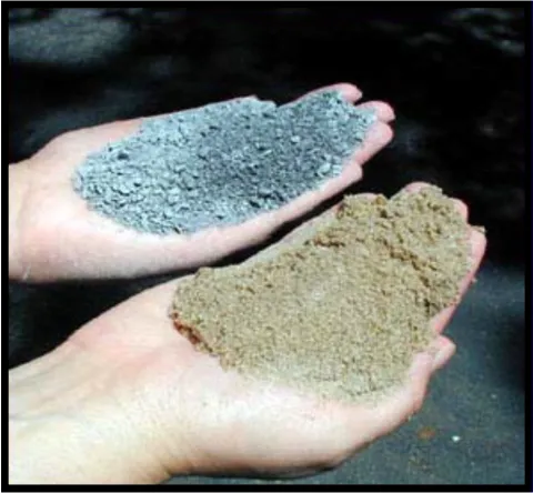 Two hands holding two different types of sand for comparison.