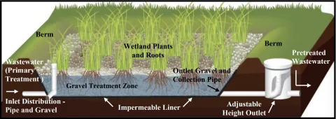 Diagram demonstrating the operation of a wetlands.